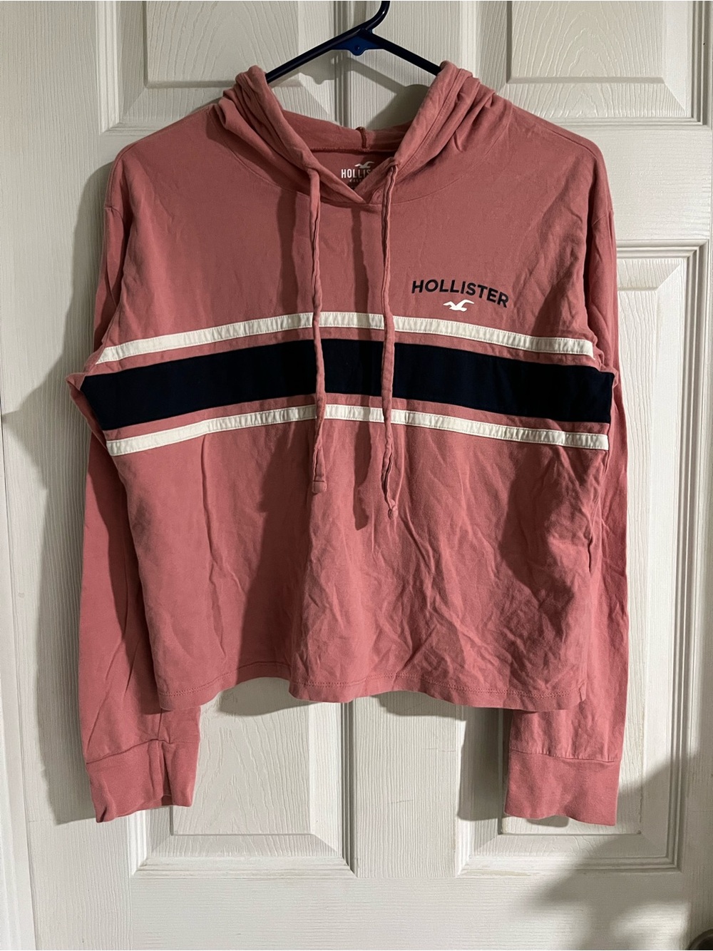 Hollister Dusty Rose Cropped Hooded Long Sleeve with Navy & White Stripes